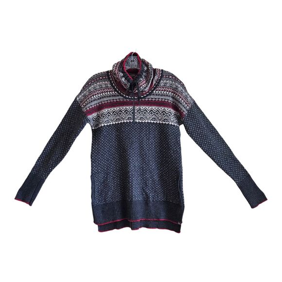 EDDIE BAUER Women's S Sweater Fair Isle Oslo Funnel Neck Gray Red Wool Blend 36" - Picture 1 of 10